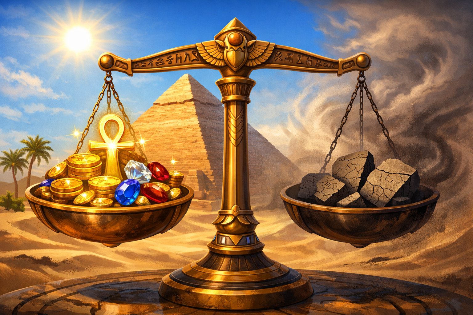 A Balanced Scale With Golden Coins And Egyptian Symbols On One Side And Cracked Tablets With A Desert Storm On The Other, Set Against A Pyramid Under A Sunny Sky.