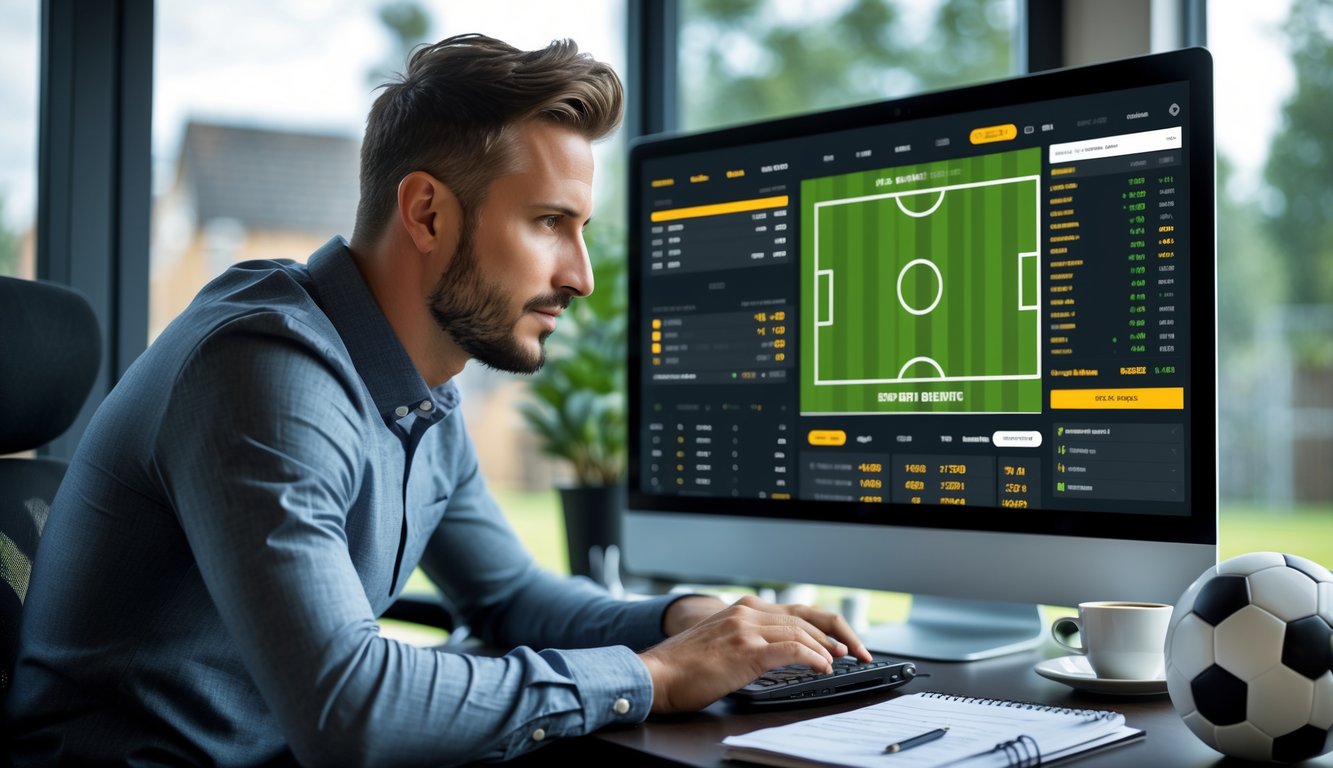 Seorang pria sedang menganalisis strategi taruhan sepak bola di laptop di ruang kerja modern dengan layar menampilkan pertandingan sepak bola.