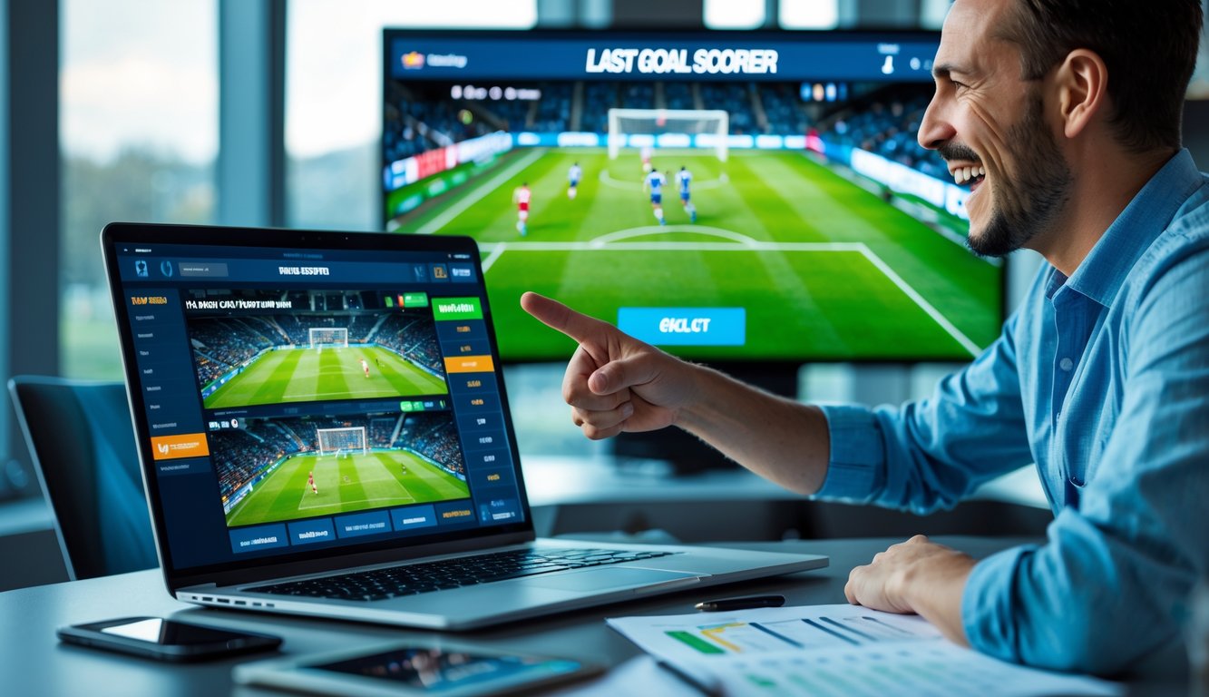 Seseorang sedang menggunakan laptop untuk memasang taruhan pada pertandingan sepak bola secara online dengan layar menampilkan aksi gol terakhir.