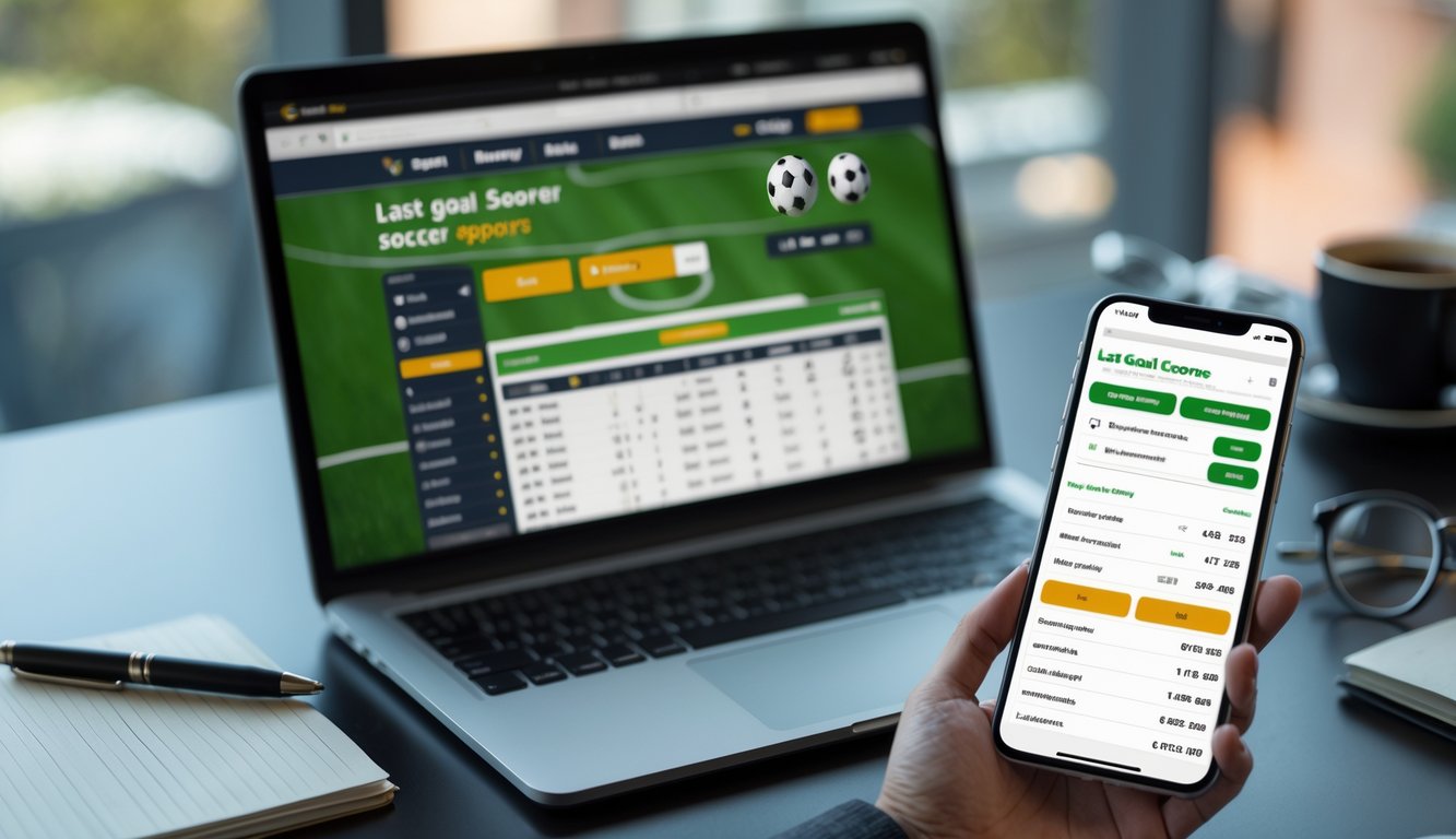 Seorang pria menggunakan laptop dan ponsel di meja kerja dengan tampilan situs taruhan bola online yang menampilkan statistik pertandingan sepak bola.