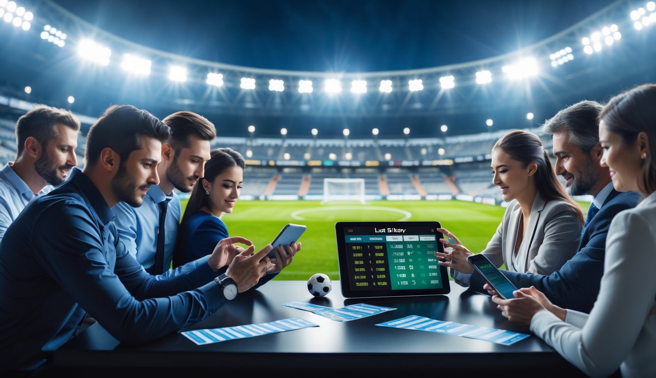 Orang-orang sedang menggunakan perangkat digital untuk melihat peluang taruhan bola dengan latar belakang stadion sepak bola yang sedang berlangsung.