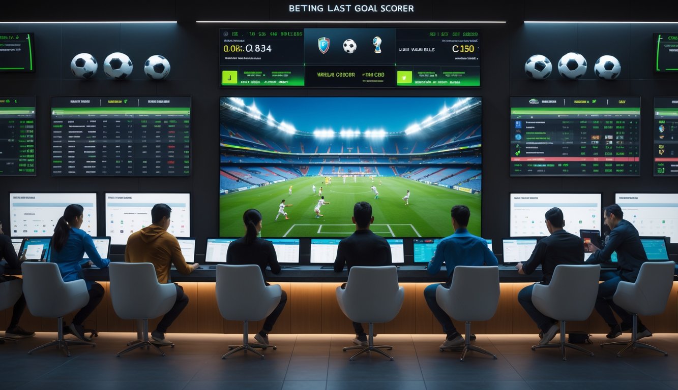 Orang-orang sedang memasang taruhan pada pencetak gol terakhir dalam pertandingan sepak bola Piala Dunia yang sedang berlangsung, dengan layar besar menampilkan statistik dan aksi pemain di stadion.