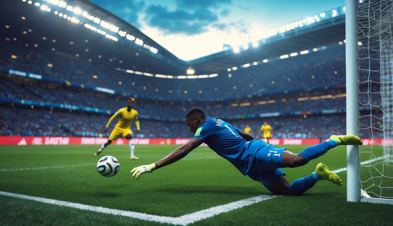 Seorang pemain sepak bola sedang menendang bola menuju gawang dengan kiper melompat mencoba menahan, di stadion penuh penonton.