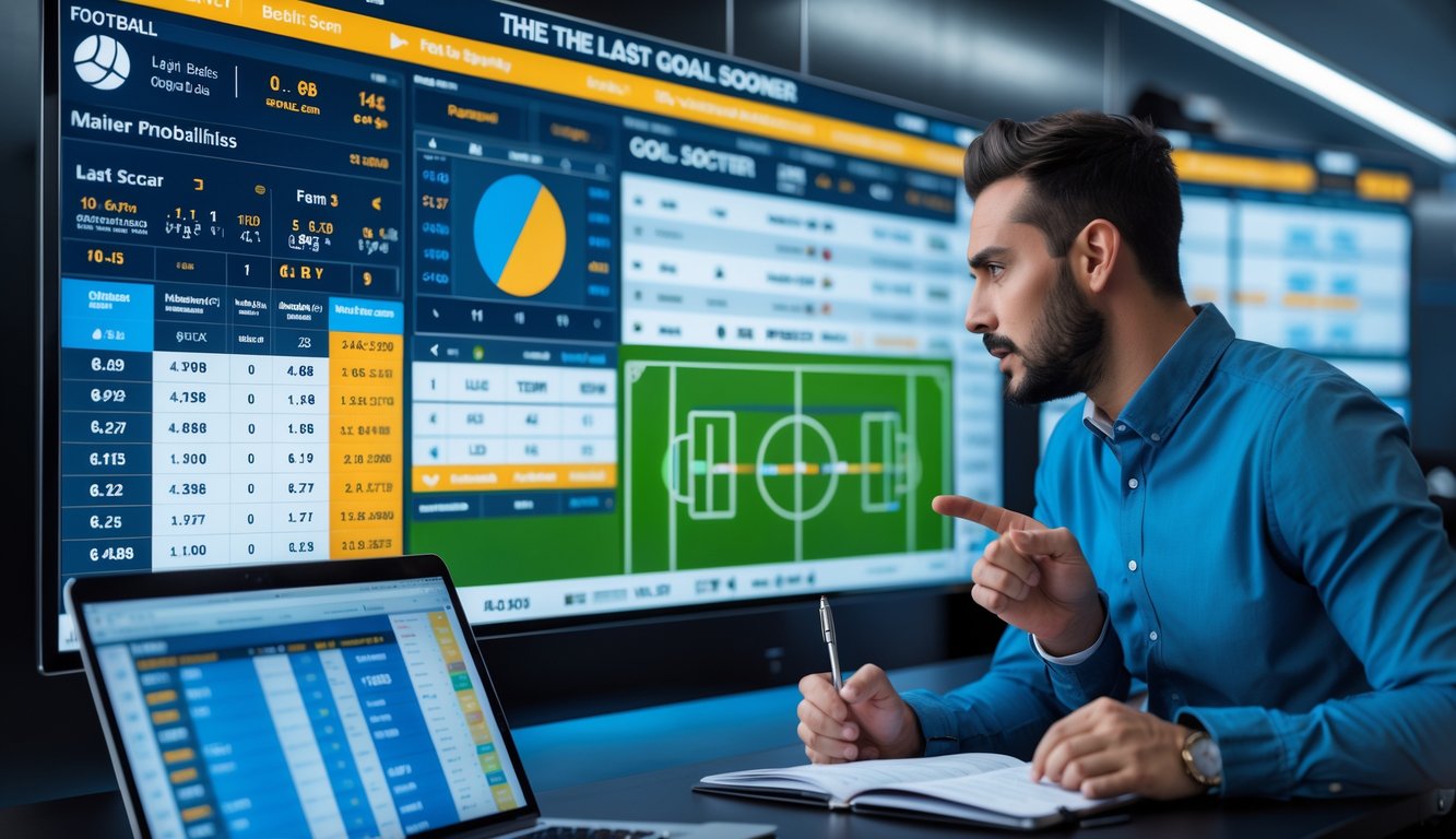 Seorang pria sedang menganalisis statistik pertandingan sepak bola di depan layar digital di kantor taruhan.