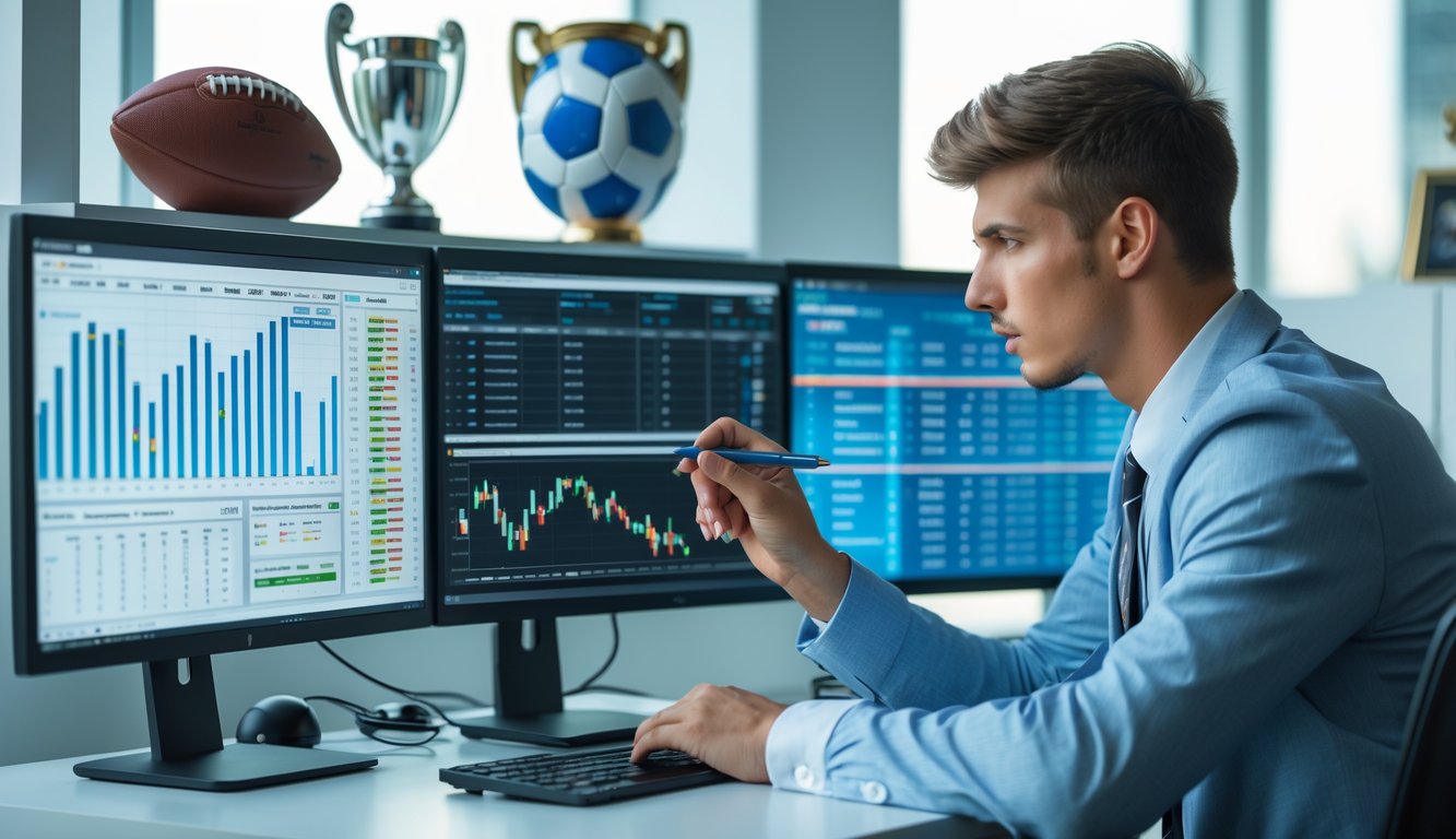 Seorang analis olahraga sedang bekerja di meja kantor dengan beberapa layar komputer yang menampilkan data pertandingan sepak bola dan grafik performa pemain.