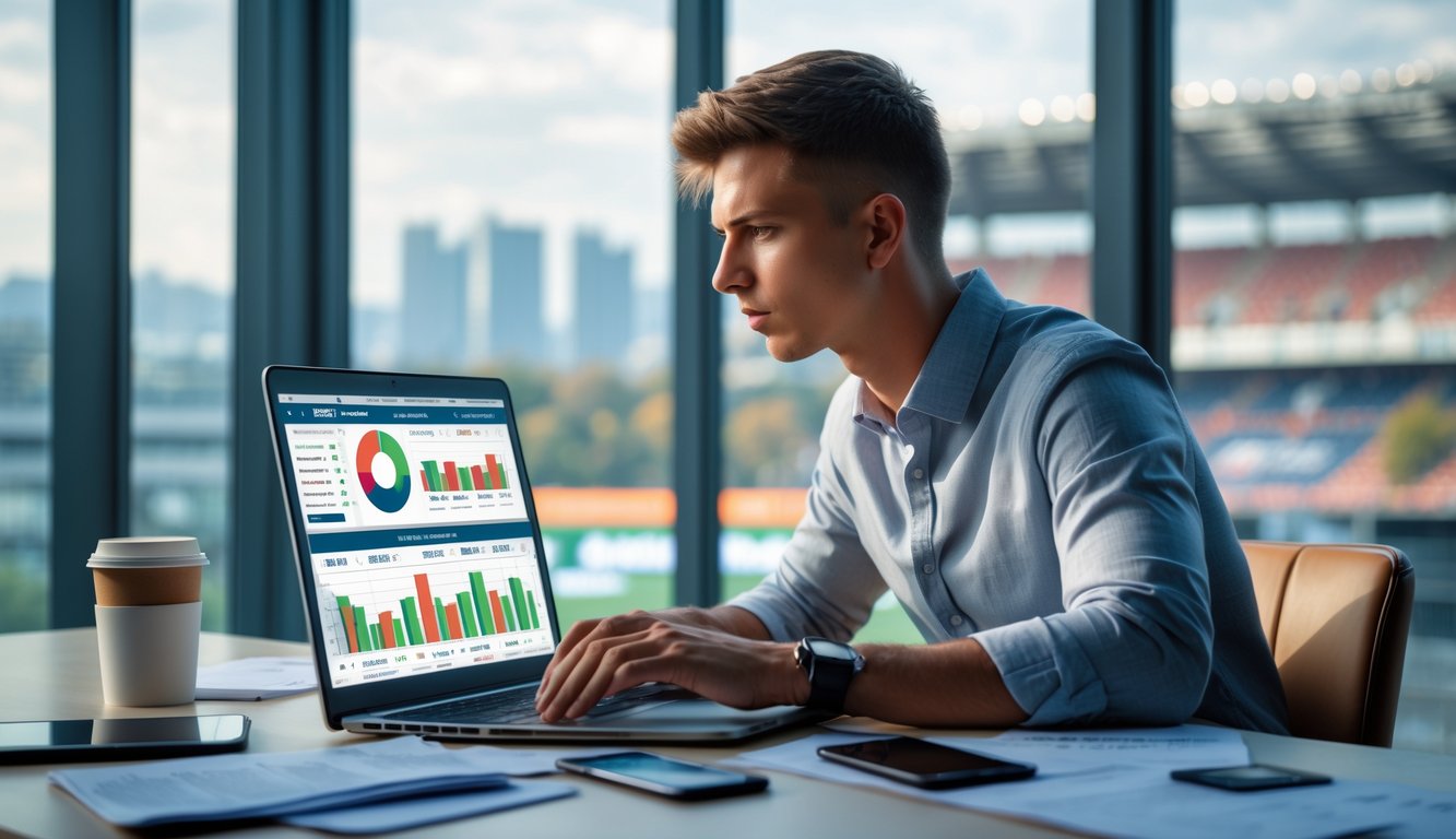 Seorang pria muda duduk di meja dengan laptop, menganalisis strategi taruhan sepak bola dengan suasana tenang di dalam ruangan.