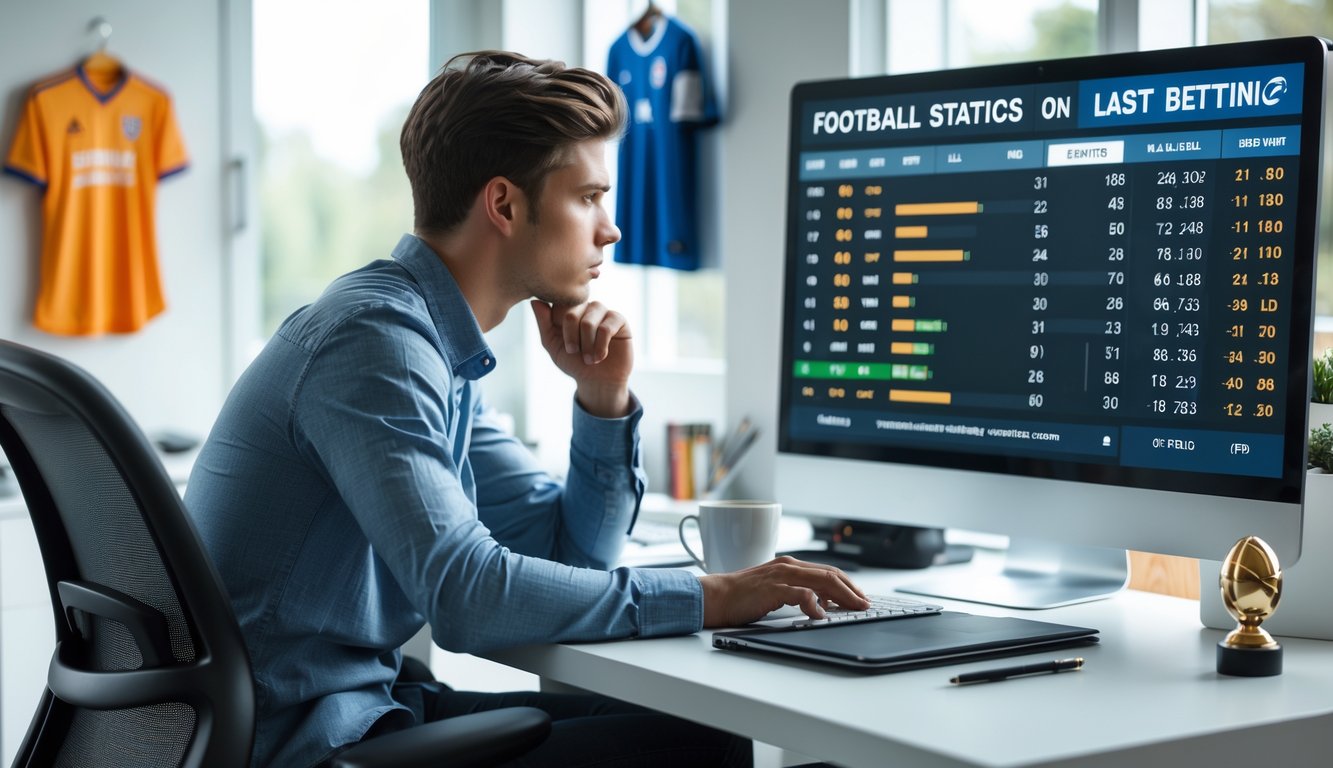 Seorang pria muda sedang duduk di meja kerja sambil melihat data taruhan sepak bola di layar komputer.