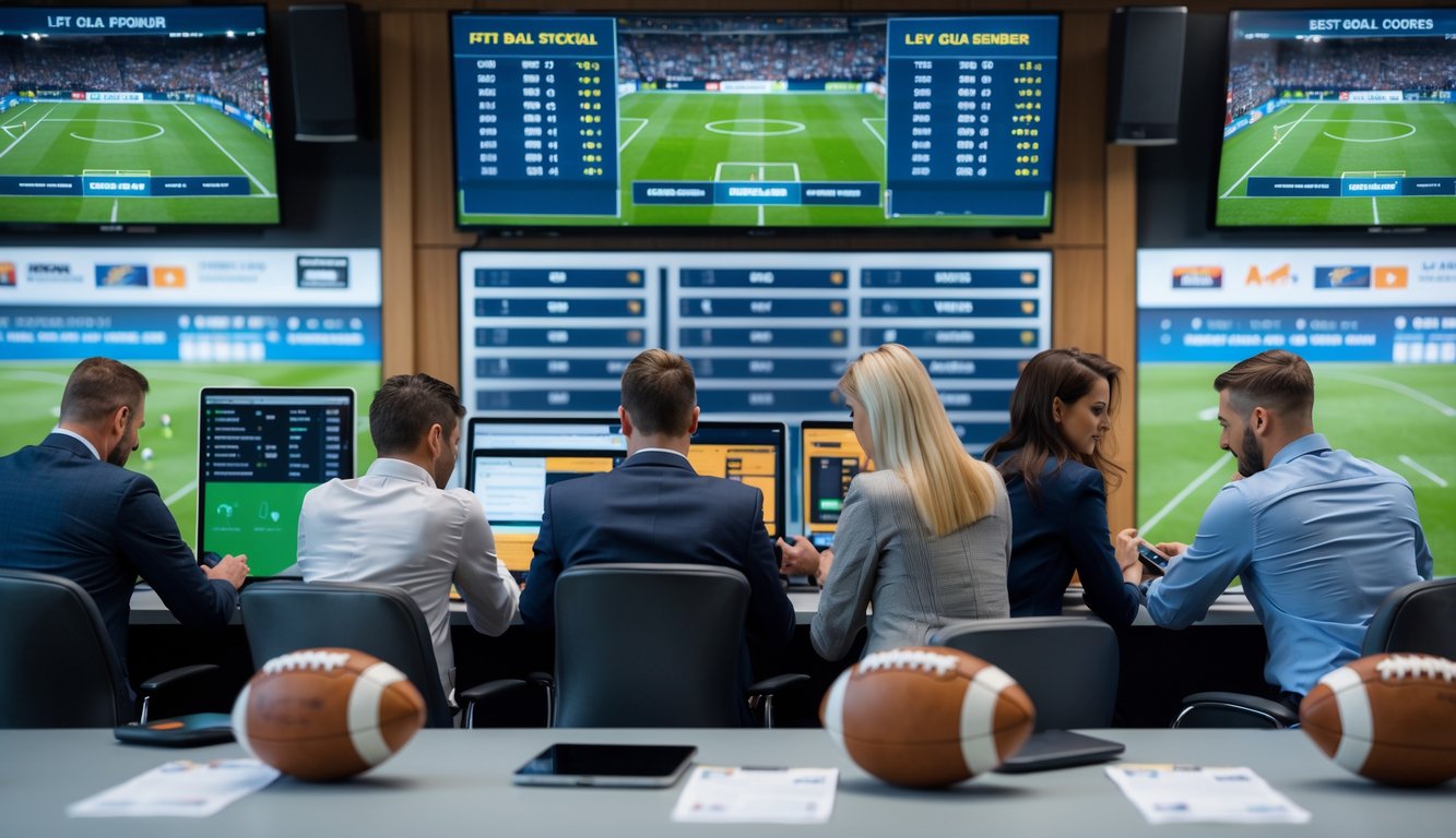 Orang-orang sedang menggunakan perangkat digital untuk menganalisis dan memasang taruhan pada pertandingan sepak bola di sebuah ruangan dengan layar besar yang menampilkan statistik dan skor pertandingan.