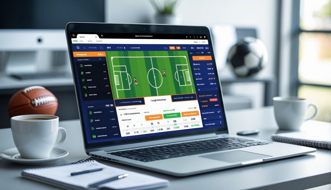 Seseorang sedang menggunakan komputer dengan layar menampilkan situs taruhan olahraga online yang fokus pada pencetak gol terakhir dalam pertandingan sepak bola.