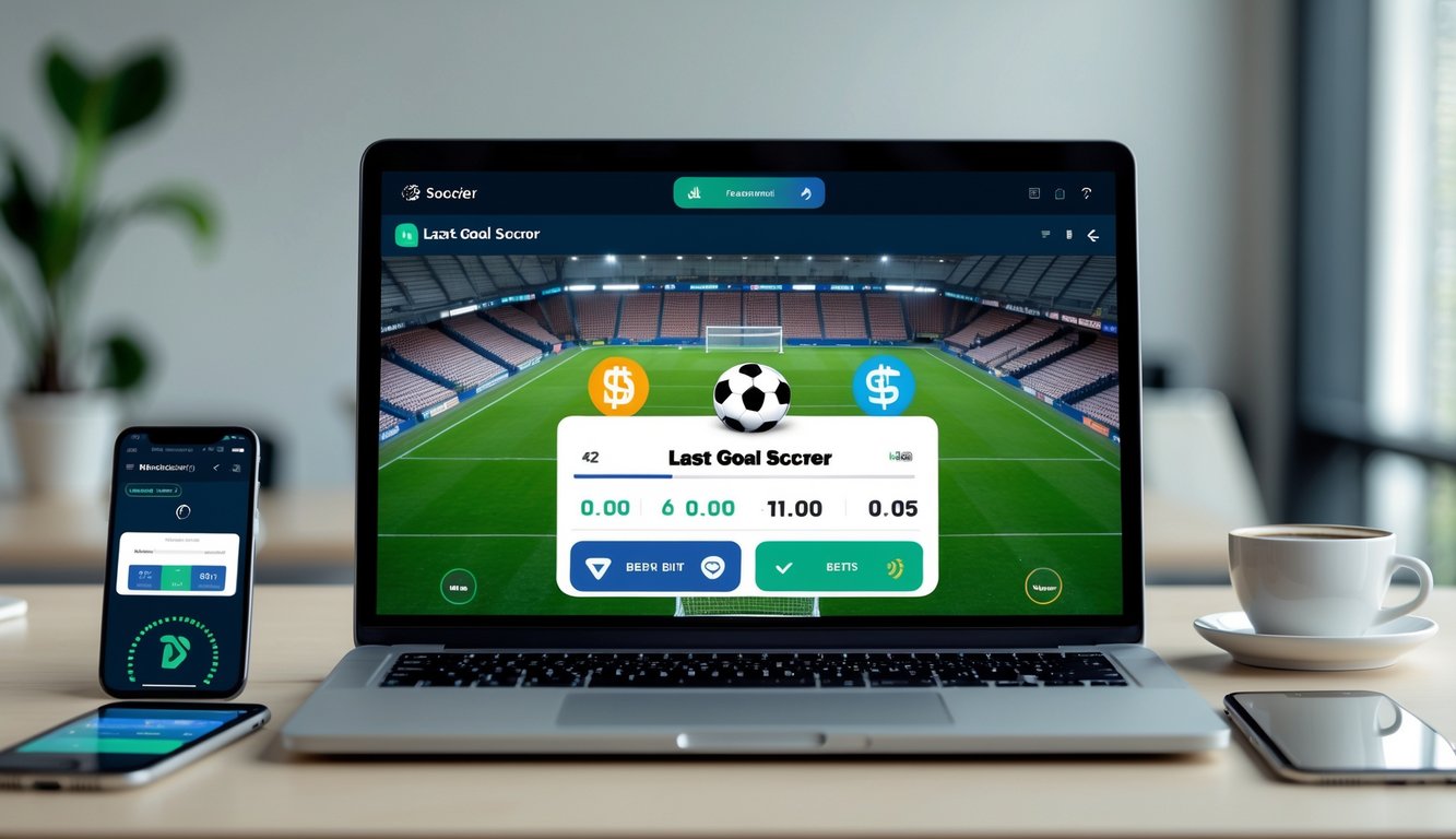 Seorang pengguna melihat layar komputer yang menampilkan antarmuka taruhan sepak bola online dengan pertandingan sedang berlangsung di latar belakang.