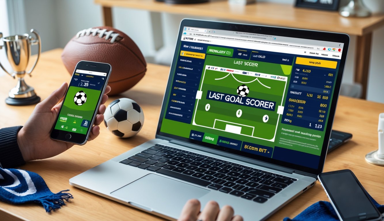 Seorang pengguna duduk di depan laptop dengan layar menampilkan situs taruhan bola online, dikelilingi oleh ponsel, kartu kredit, dan bola sepak di meja.