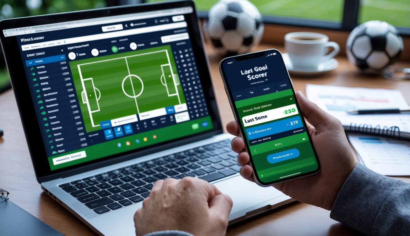 Seseorang menggunakan laptop dan ponsel untuk memasang taruhan pada pertandingan sepak bola dengan fokus pada pencetak gol terakhir.