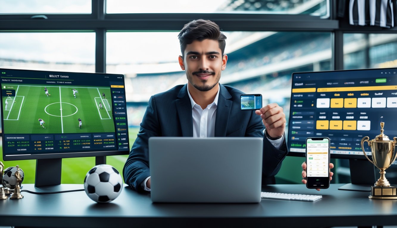 Seorang pria muda duduk di meja dengan beberapa layar yang menampilkan pertandingan sepak bola dan data taruhan, sambil menganalisis informasi di laptop dan ponsel.