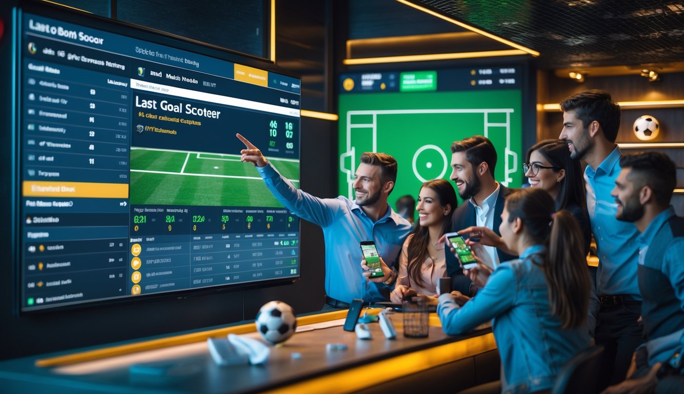 Sekelompok orang sedang berkumpul di depan layar besar yang menampilkan data pertandingan sepak bola, fokus pada taruhan pencetak gol terakhir.