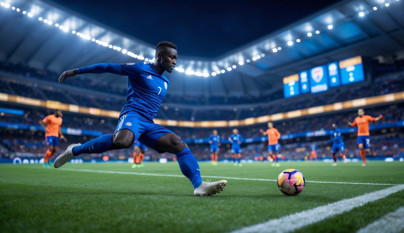 Seorang pemain sepak bola sedang bersiap menendang bola di stadion yang penuh penonton saat pertandingan malam hari.