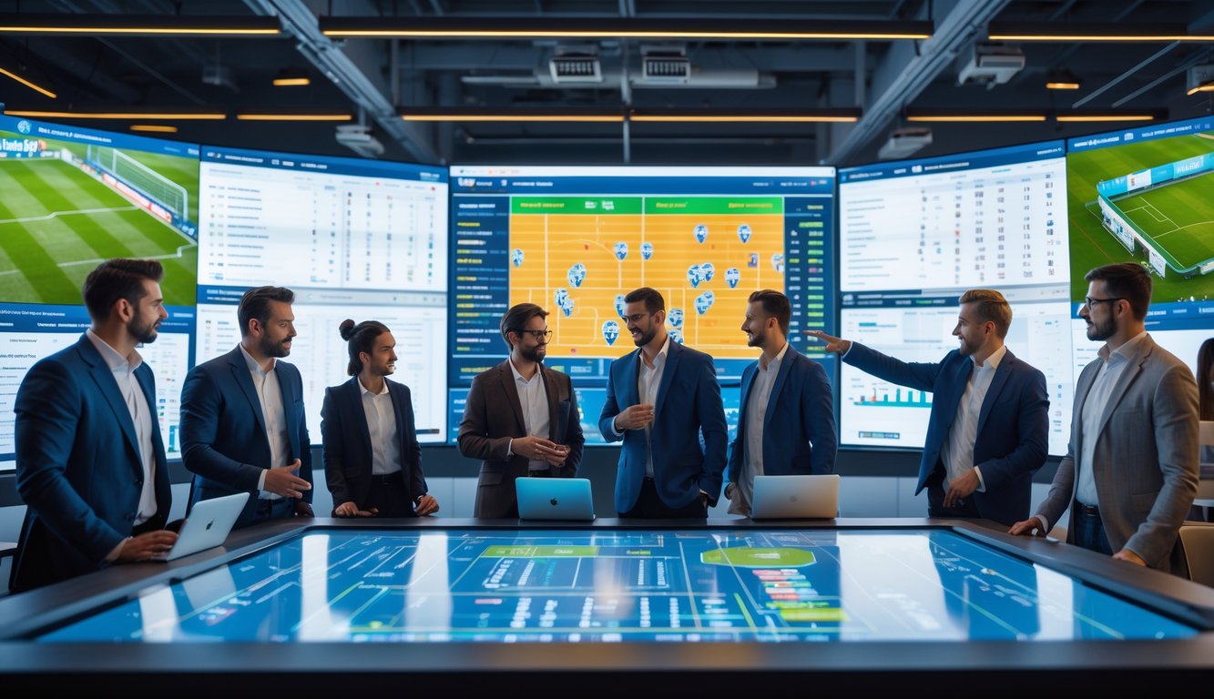 Sekelompok analis olahraga sedang berdiskusi di sebuah ruang kantor modern dengan layar digital besar yang menampilkan statistik dan data prediksi pemain sepak bola.