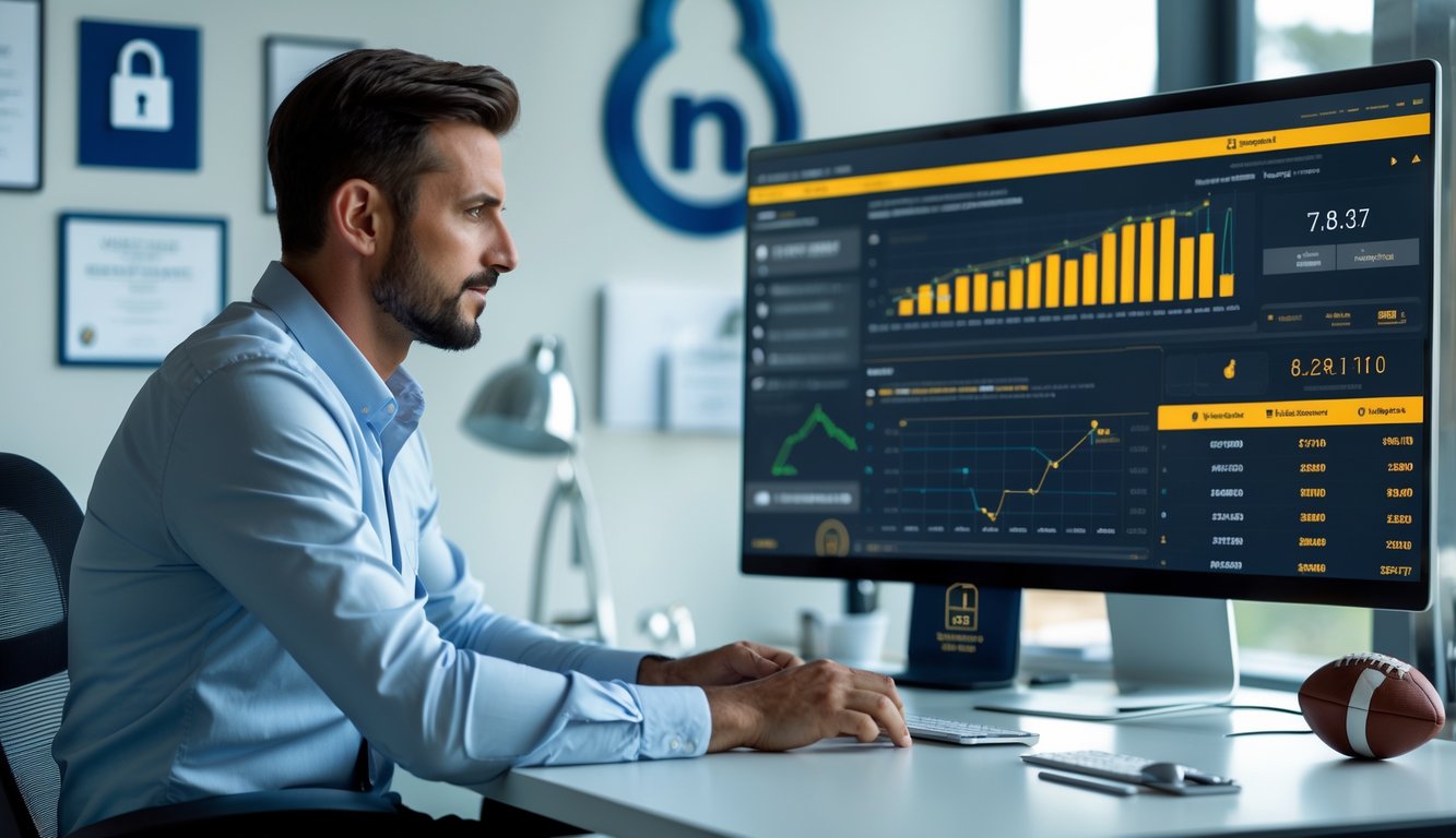 Seorang pria duduk di meja kantor modern, melihat layar komputer yang menampilkan data dan statistik sepak bola terkait pencetak gol terakhir, dengan suasana profesional dan elemen yang menunjukkan kepercayaan.