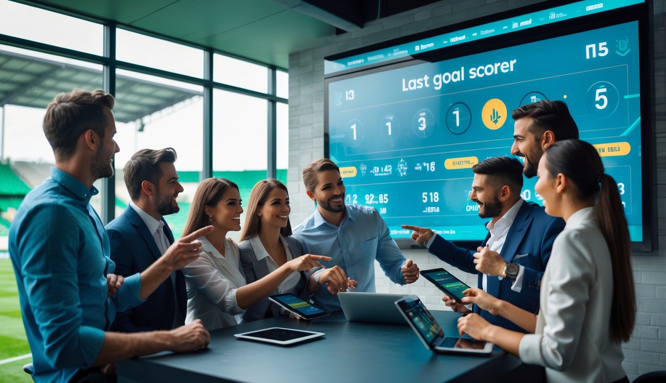 Sekelompok orang sedang melihat layar besar dengan statistik pertandingan sepak bola dan peluang taruhan gol terakhir, di dalam ruangan modern dengan pemandangan stadion sepak bola di latar belakang.