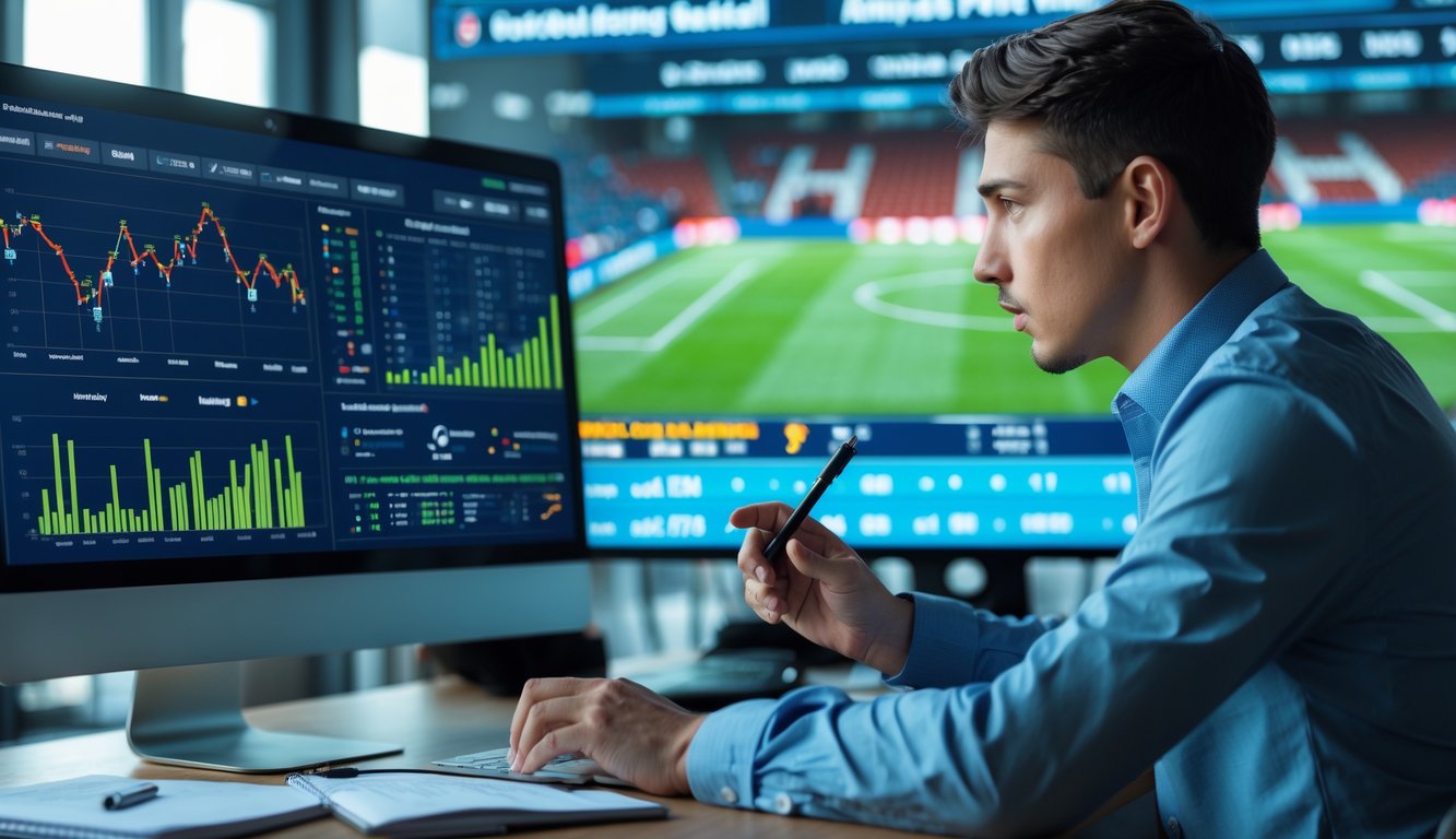Seorang analis olahraga sedang bekerja di depan komputer dengan grafik dan statistik sepak bola, fokus pada data pencetak gol terakhir dalam taruhan bola.
