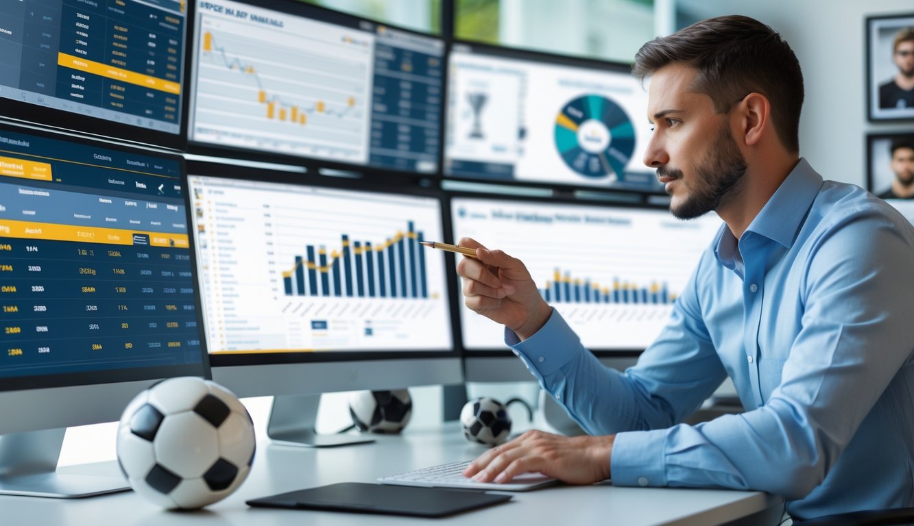 Seorang profesional sedang menganalisis statistik sepak bola di depan beberapa monitor komputer di sebuah ruang kerja modern.