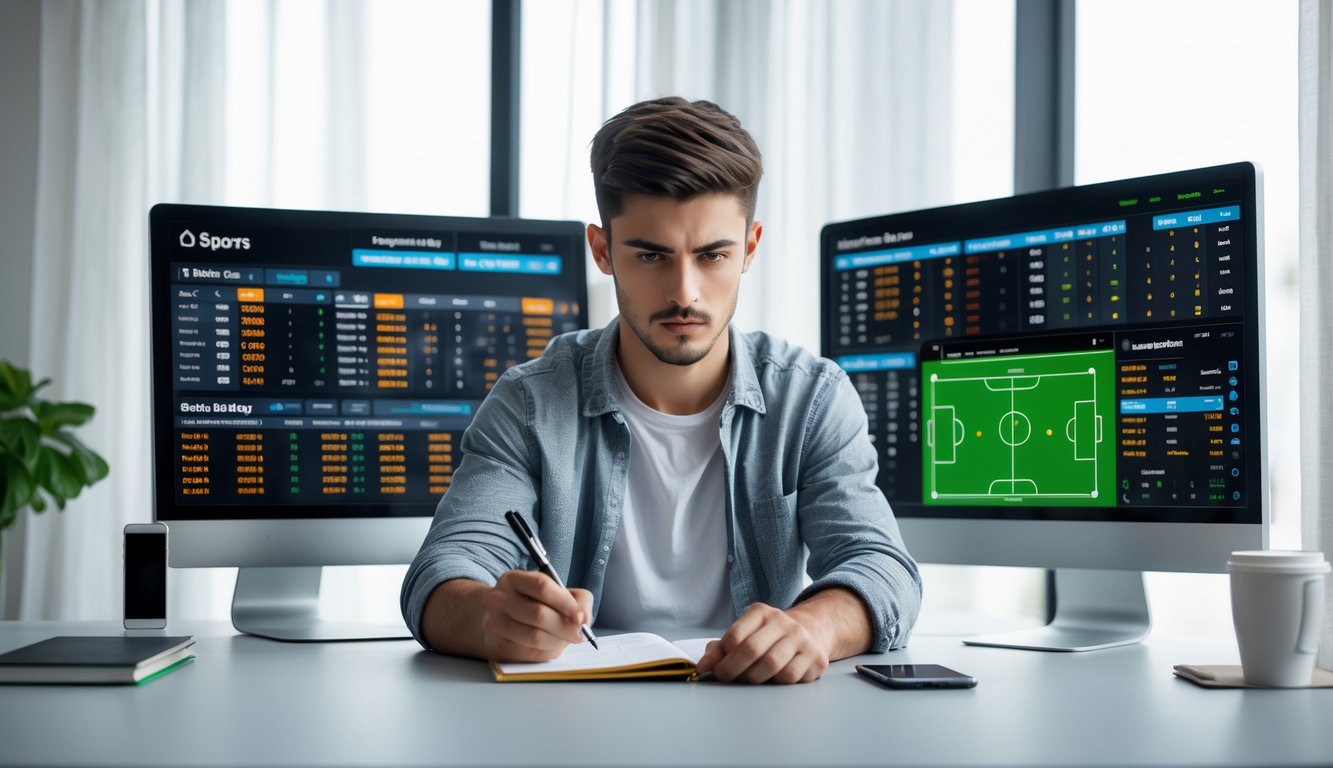 Seorang pria fokus duduk di meja dengan beberapa layar komputer menampilkan data pertandingan sepak bola dan peluang taruhan, sambil mencatat strategi di buku catatan.