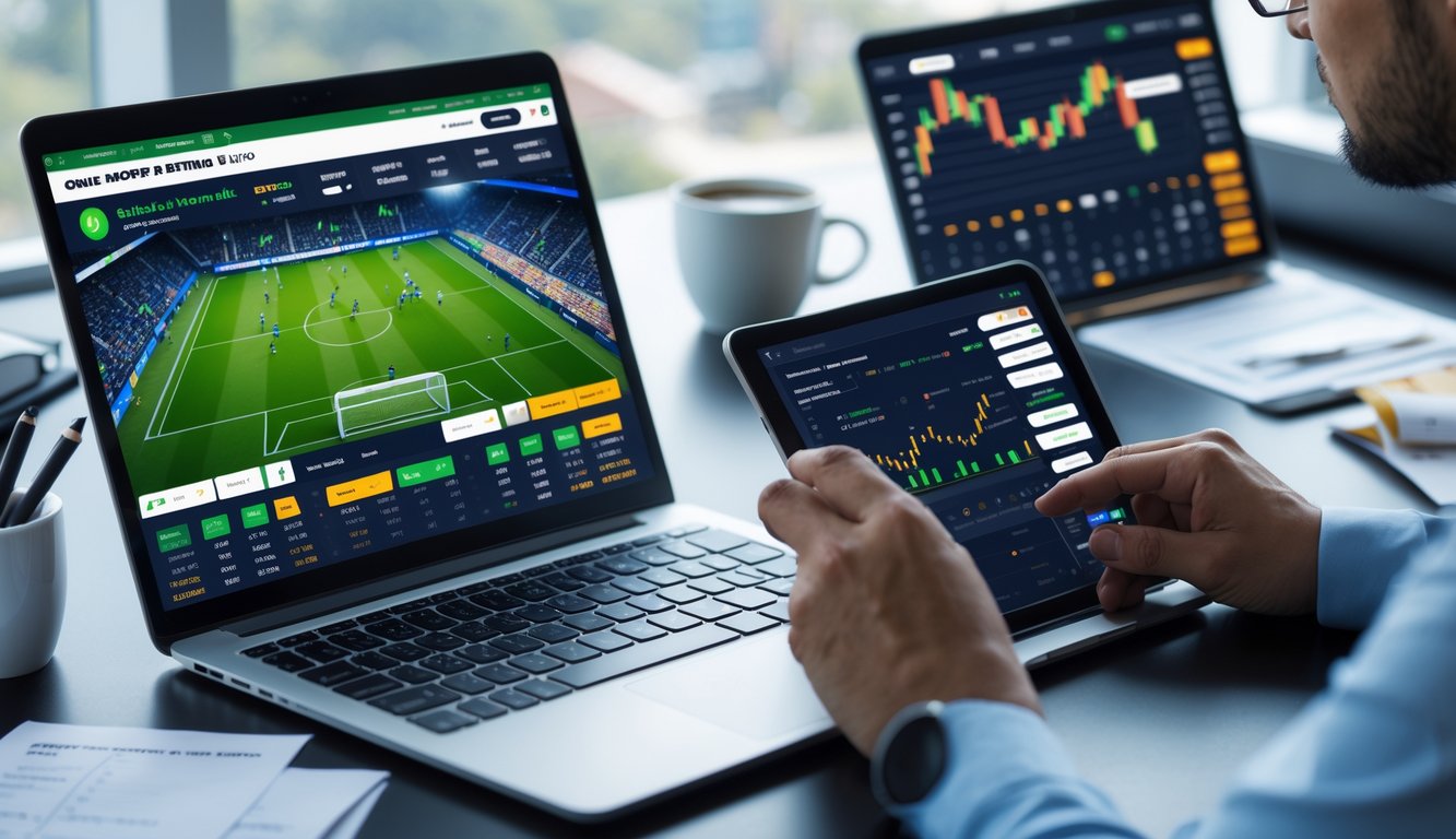 Seseorang sedang bekerja dengan laptop dan tablet yang menampilkan pertandingan sepak bola dan data taruhan di meja kerja.