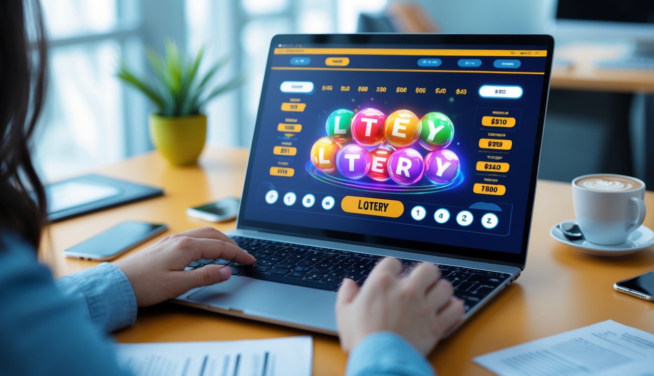 Seseorang menggunakan laptop di meja kerja dengan tampilan layar permainan togel online, di sekitar meja terdapat kopi, ponsel, dan dokumen.