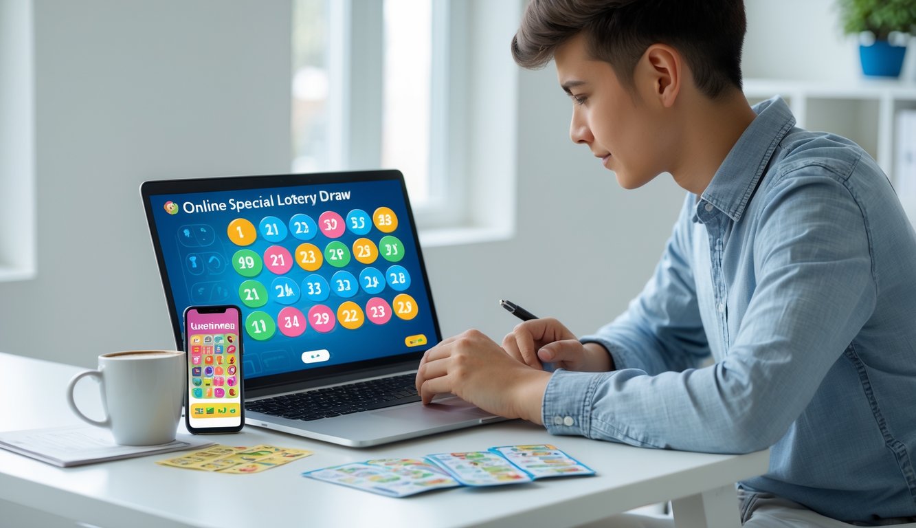 Seorang pemula sedang belajar bermain togel undian khusus secara online di depan laptop di ruang kerja yang terang dan rapi.
