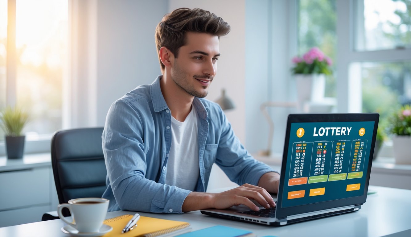 Seorang pria muda duduk di meja dengan laptop, fokus menggunakan situs togel online di ruang kerja yang terang dan rapi.