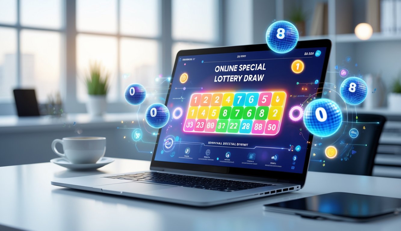 Seorang laptop di atas meja kantor menampilkan antarmuka lotere digital dengan bola lotere dan grafik di sekitarnya.