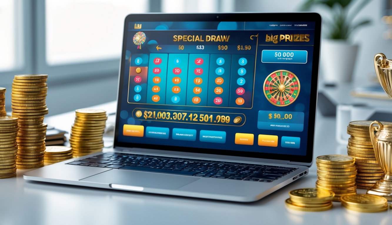 Seorang pengguna duduk di depan komputer yang menampilkan layar undian togel online dengan tumpukan uang dan koin di sekitarnya.