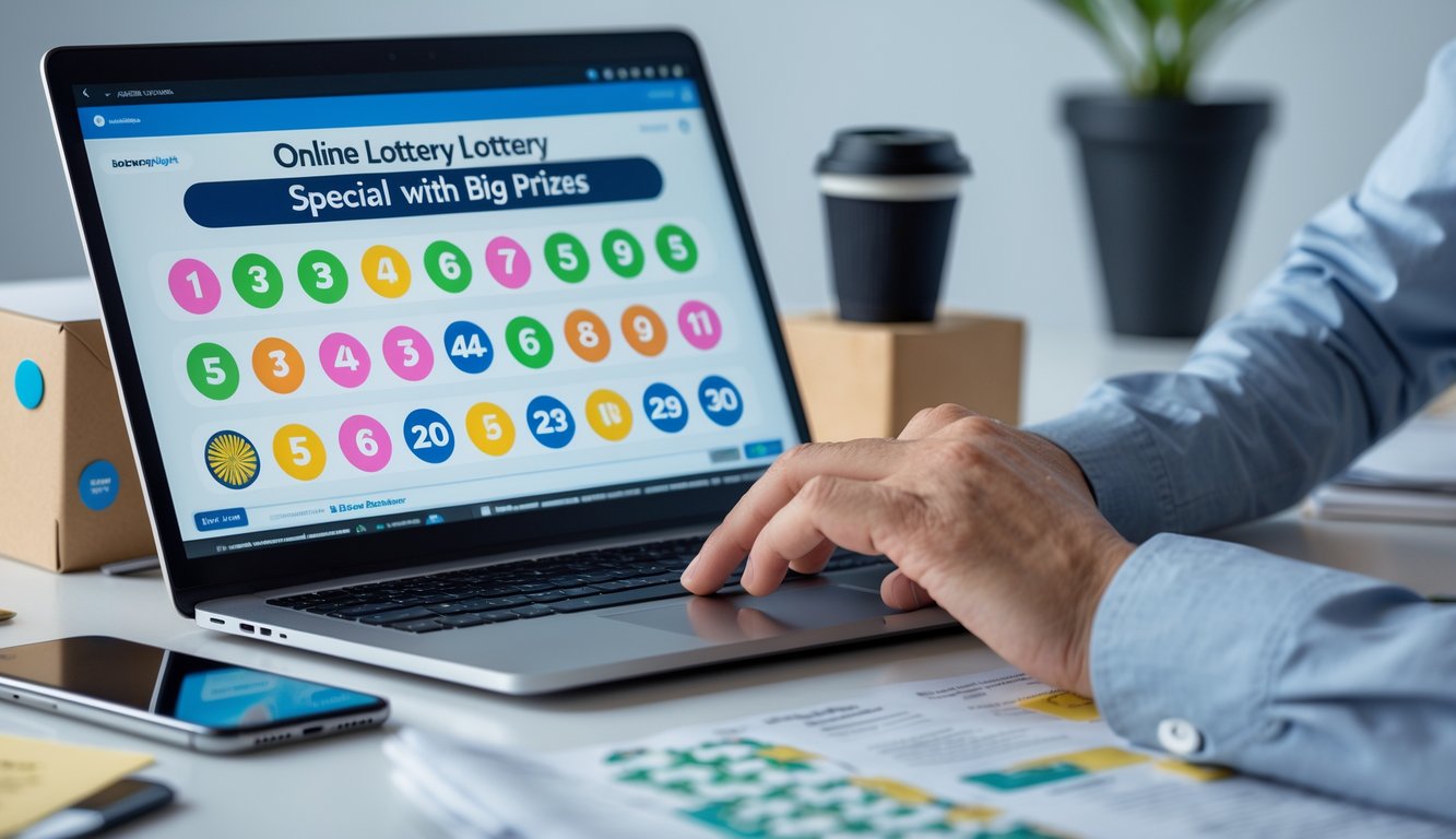 Seseorang menggunakan laptop di meja kerja dengan tampilan situs undian togel online, dikelilingi oleh ponsel dan secangkir kopi.
