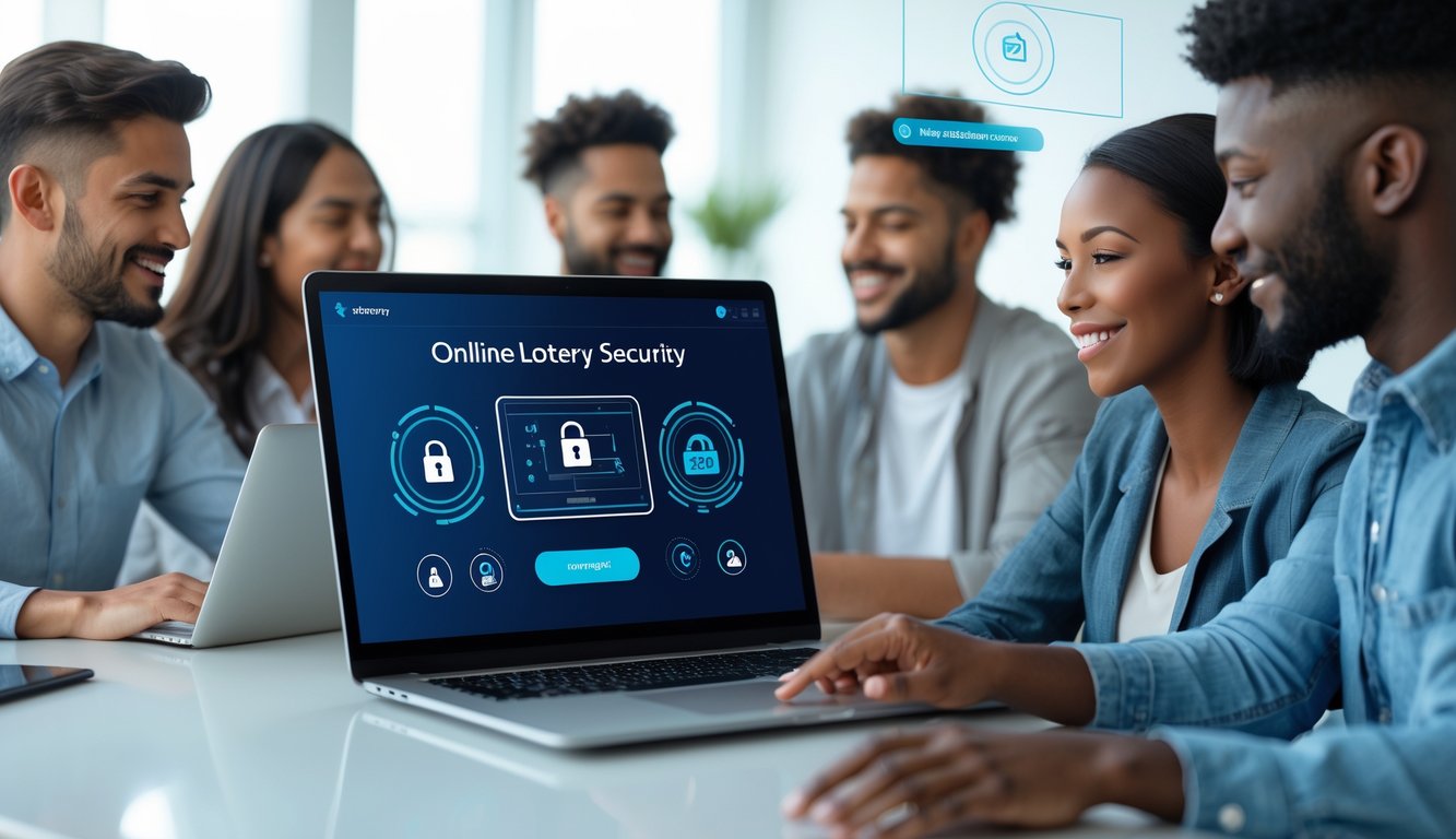 Orang-orang menggunakan laptop di ruang kantor yang terang, menunjukkan kepercayaan dan keamanan dalam permainan lotere online.