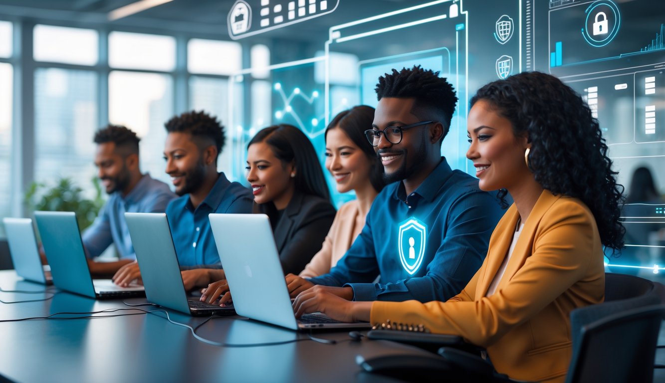 Sekelompok orang sedang menggunakan laptop dan ponsel dalam ruangan kantor modern, menunjukkan suasana kepercayaan dan keamanan dalam bermain togel online.