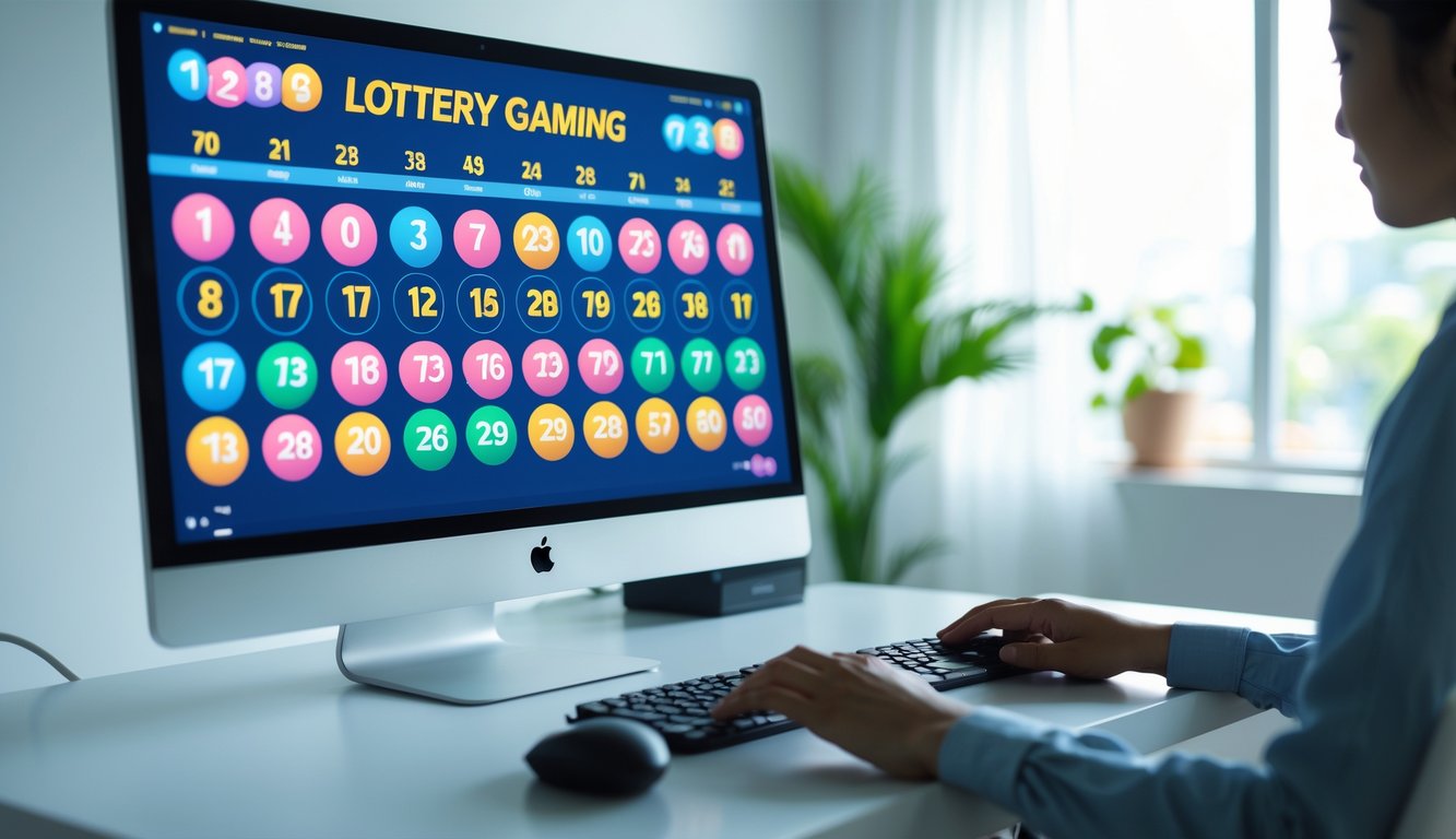 Sebuah meja kerja modern dengan komputer yang menampilkan layar permainan togel online, tangan seseorang sedang menggunakan mouse dan keyboard di ruangan terang dengan dekorasi minimalis.