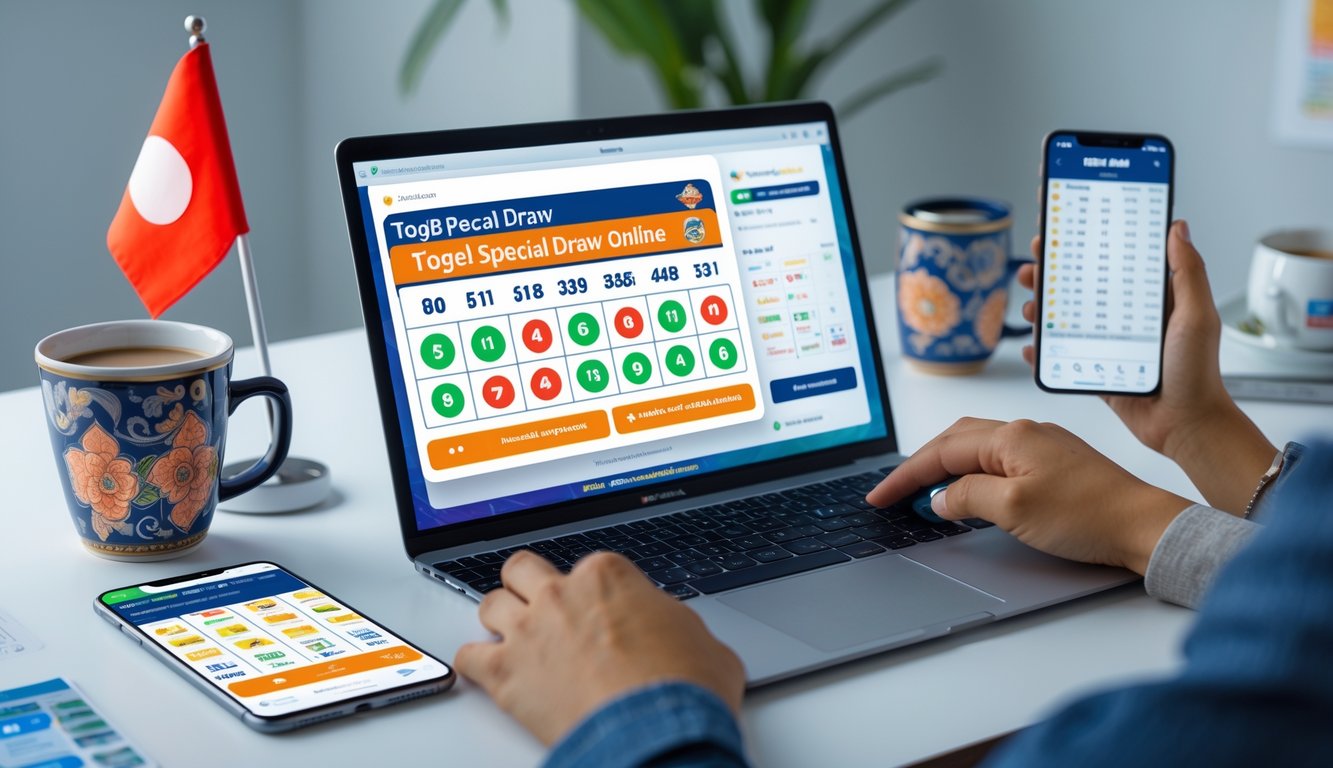 Seorang pria menggunakan laptop di meja kerja dengan layar menampilkan tiket lotere digital dan elemen khas Indonesia di sekitarnya.