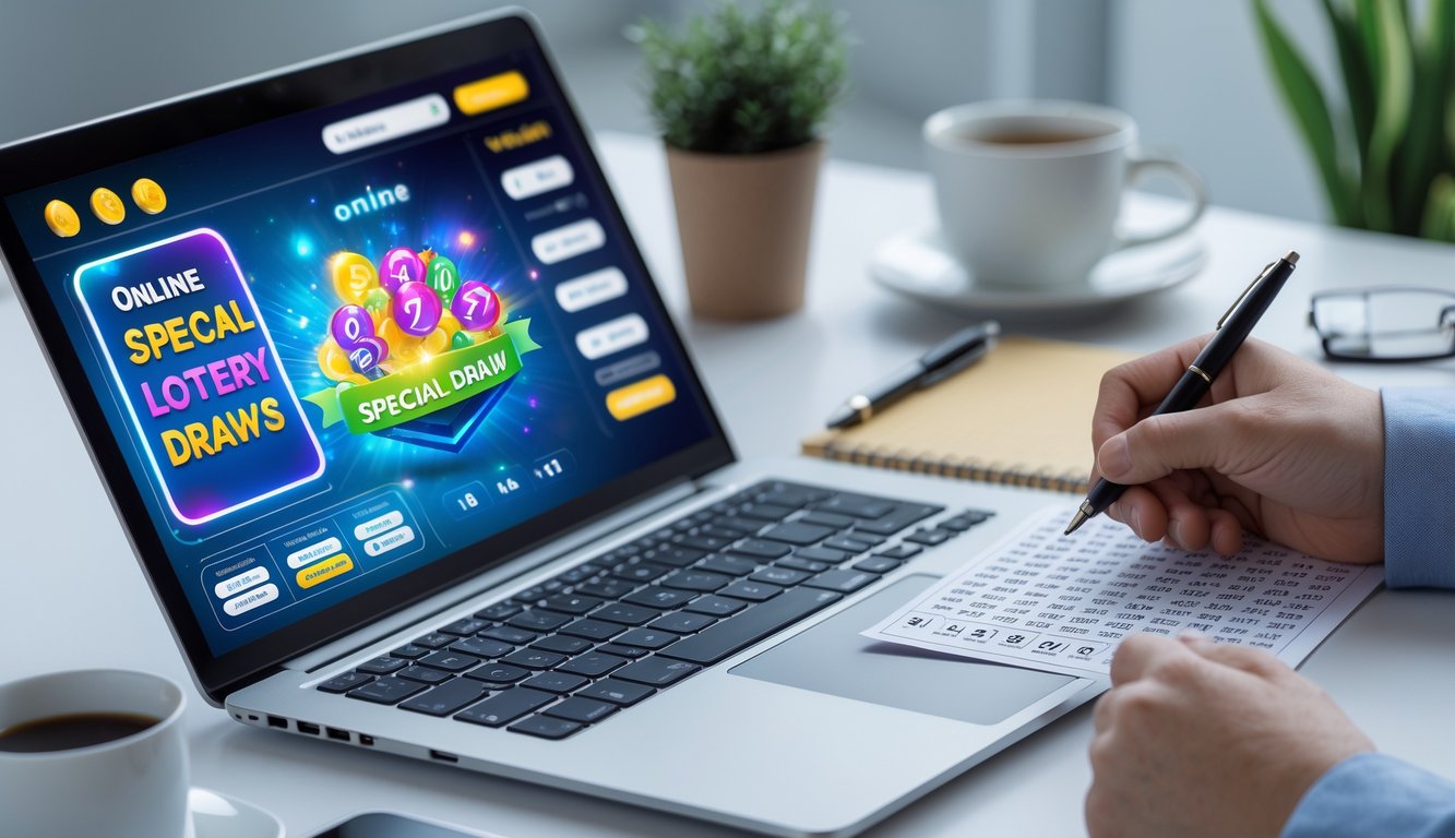 Meja kerja dengan laptop menampilkan antarmuka lotere digital di satu sisi dan tiket lotere tradisional dengan tangan yang sedang menandai nomor di sisi lain.