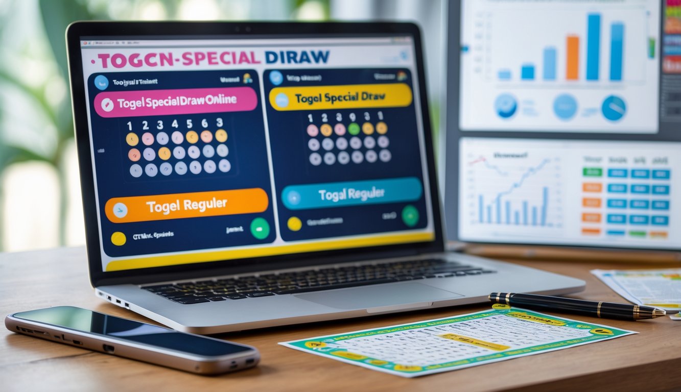 Meja kerja dengan laptop menampilkan antarmuka togel online dan tiket togel reguler di atas meja, dengan grafik perbandingan di latar belakang.