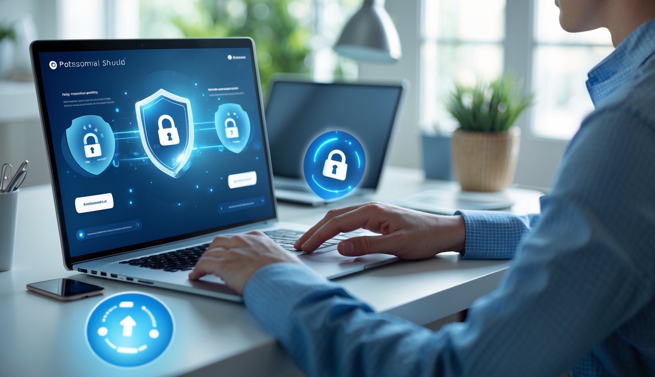 Seseorang menggunakan laptop di meja kerja yang rapi dengan latar belakang simbol keamanan digital dan suasana kantor rumah yang tenang.