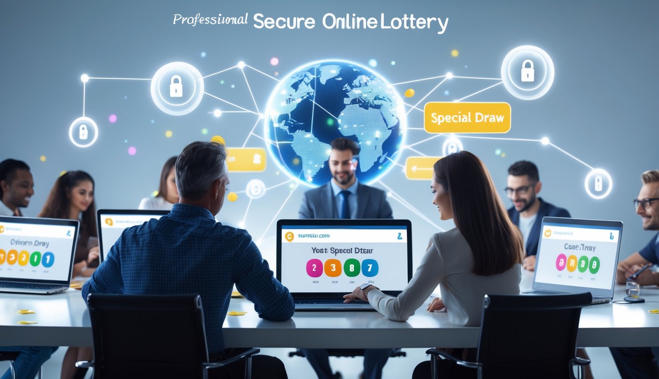 Beberapa orang menggunakan laptop dan ponsel untuk memilih nomor pada platform lotere online yang aman dan terpercaya.