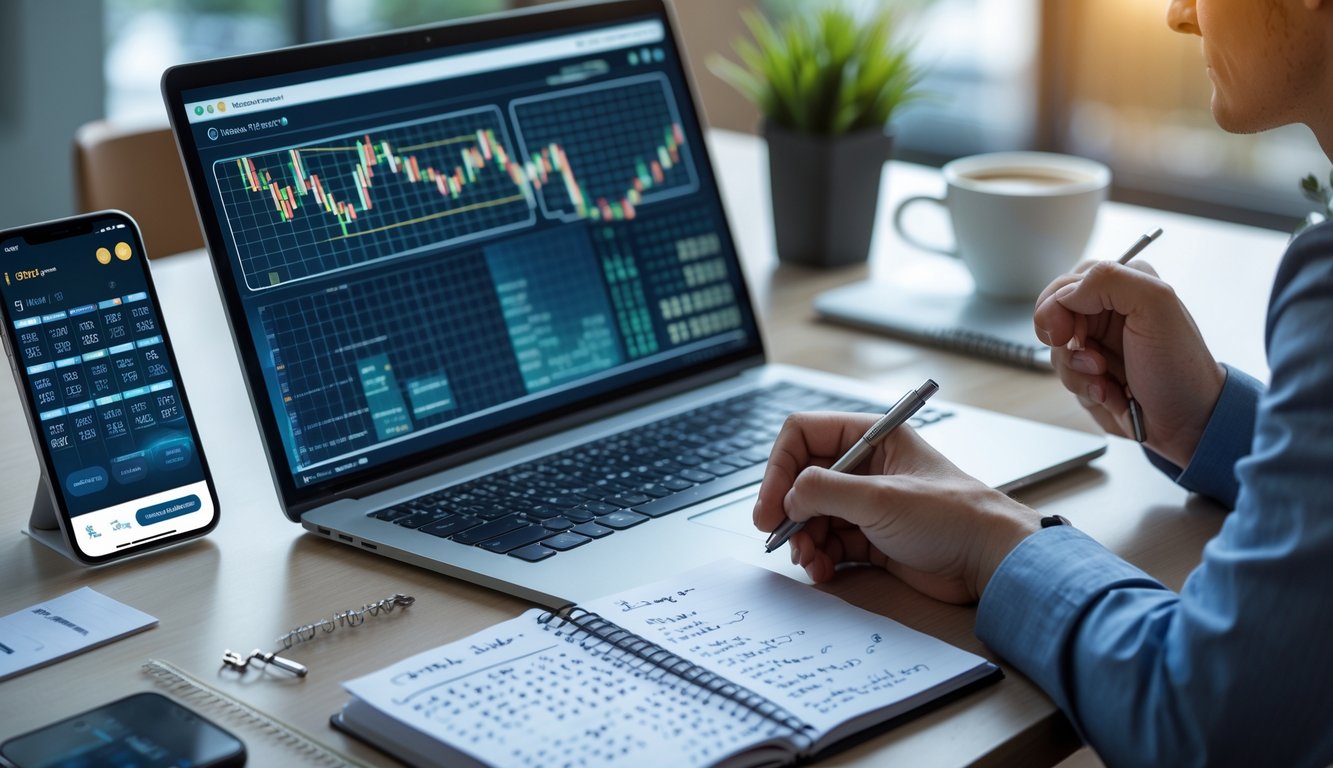 Seorang pria sedang menganalisis pola dan angka di depan laptop dengan catatan dan ponsel di meja kerja.