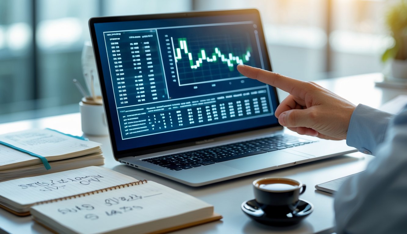Seseorang sedang menganalisis pola dan angka pada layar laptop di meja kerja dengan catatan dan ponsel di sekitarnya.