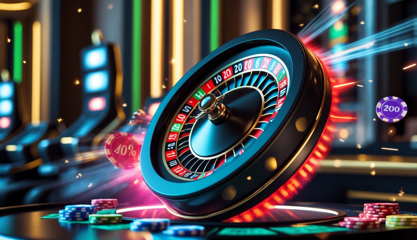 Sebuah roda roulette digital yang berputar dengan chip dan cahaya berkilauan di latar belakang bertema kasino yang elegan.