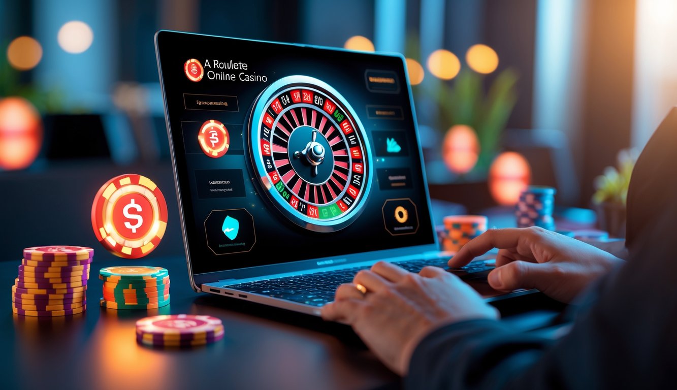 Sebuah komputer menampilkan roda roulette digital yang berputar dengan tangan pemain siap berinteraksi di lingkungan kasino online yang terpercaya.