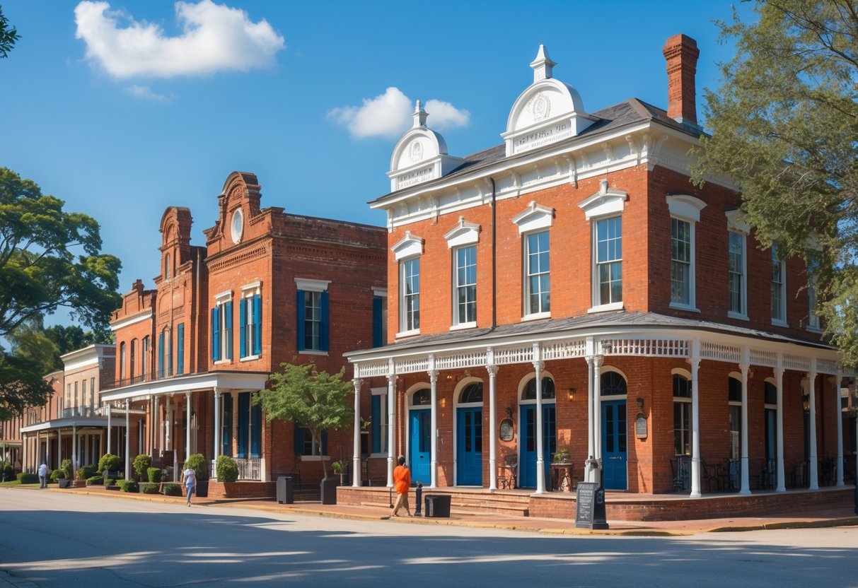 Historic brick buildings and trees along a sunny street in Tupelo, Mississippi with people walking nearby.