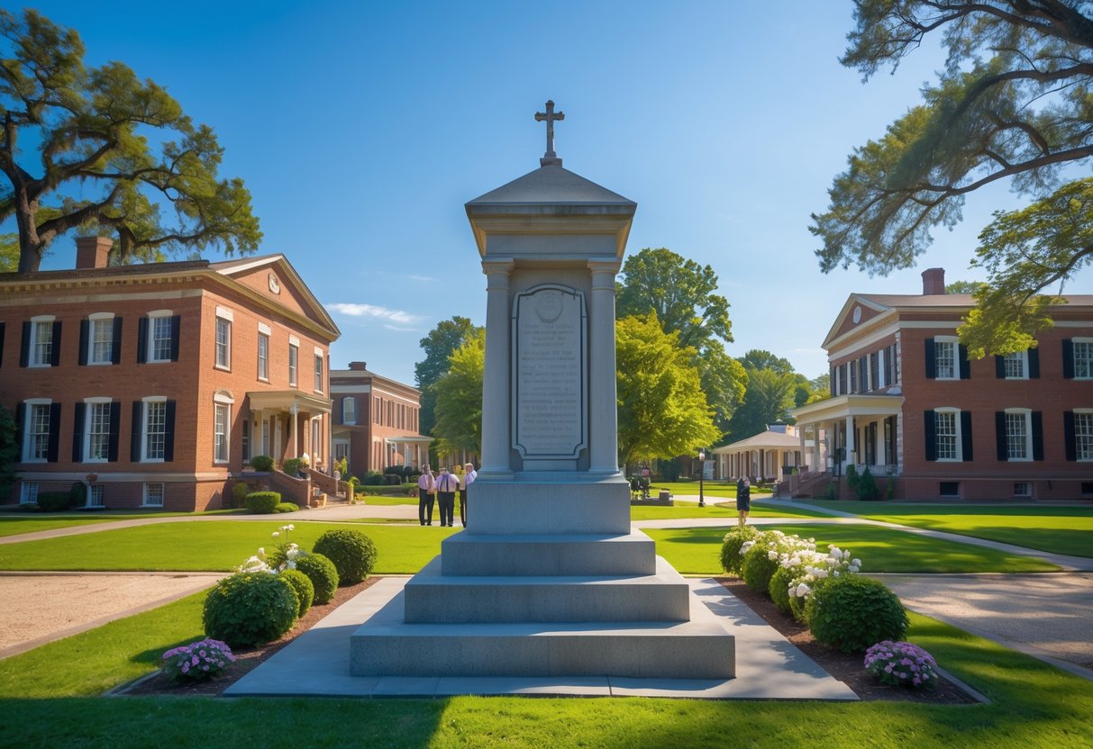 A view of historic buildings and a memorial monument surrounded by trees and flowers in Tupelo, Mississippi.