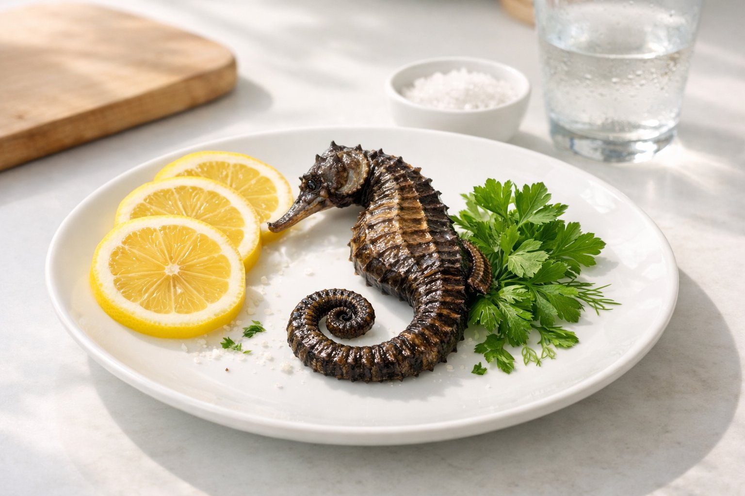 A fresh seahorse fish on a white plate garnished with lemon slices and herbs on a kitchen countertop.