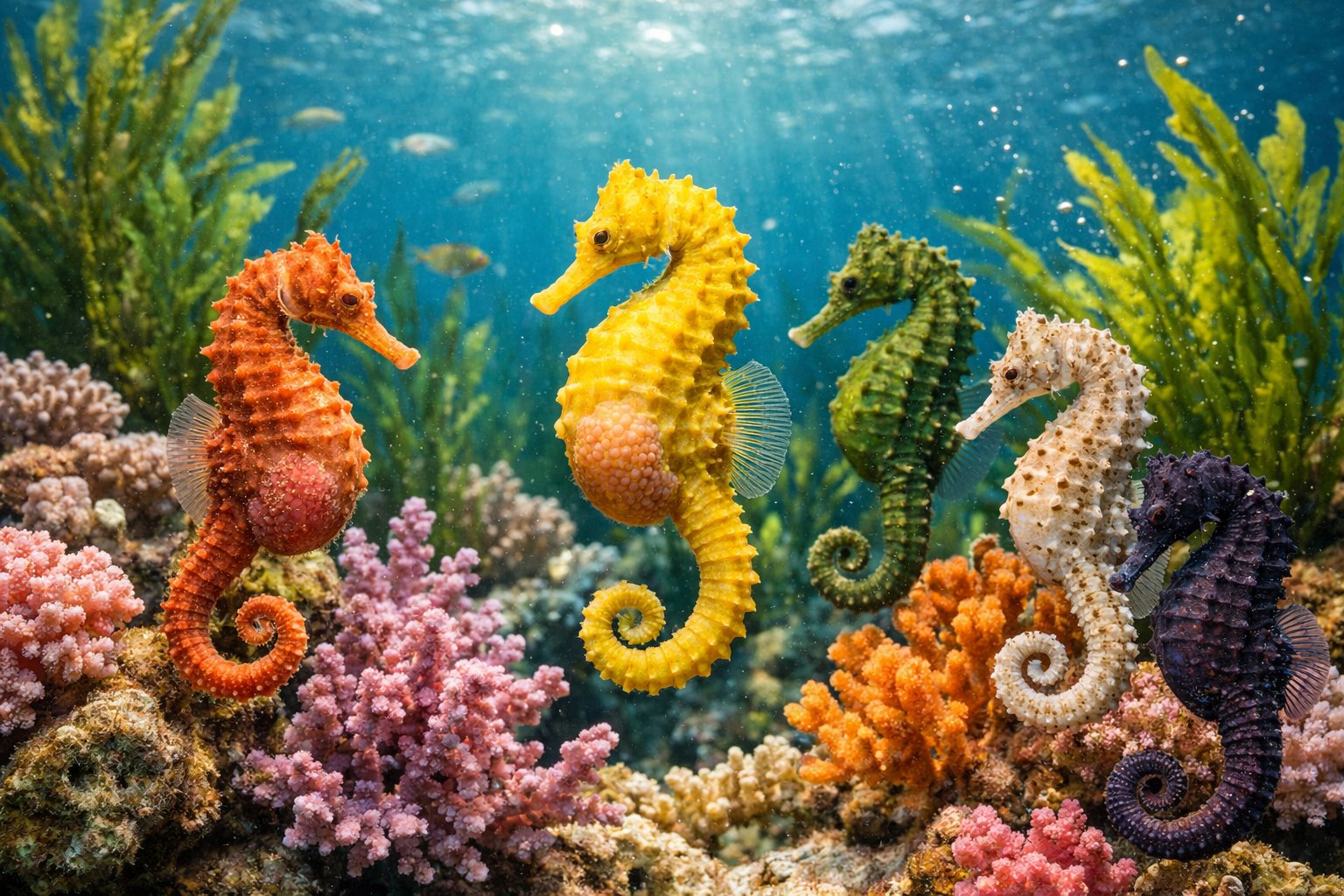 Underwater scene showing several seahorses swimming near coral and seaweed.
