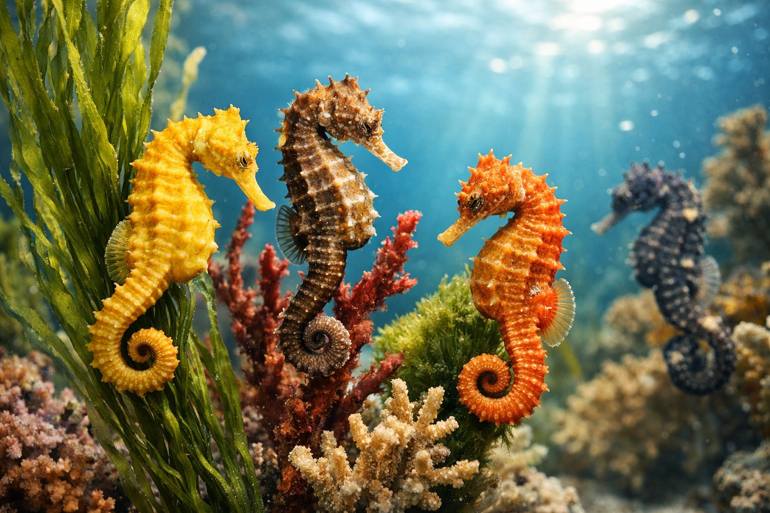 Several seahorses clinging to underwater plants in a sunlit ocean environment.
