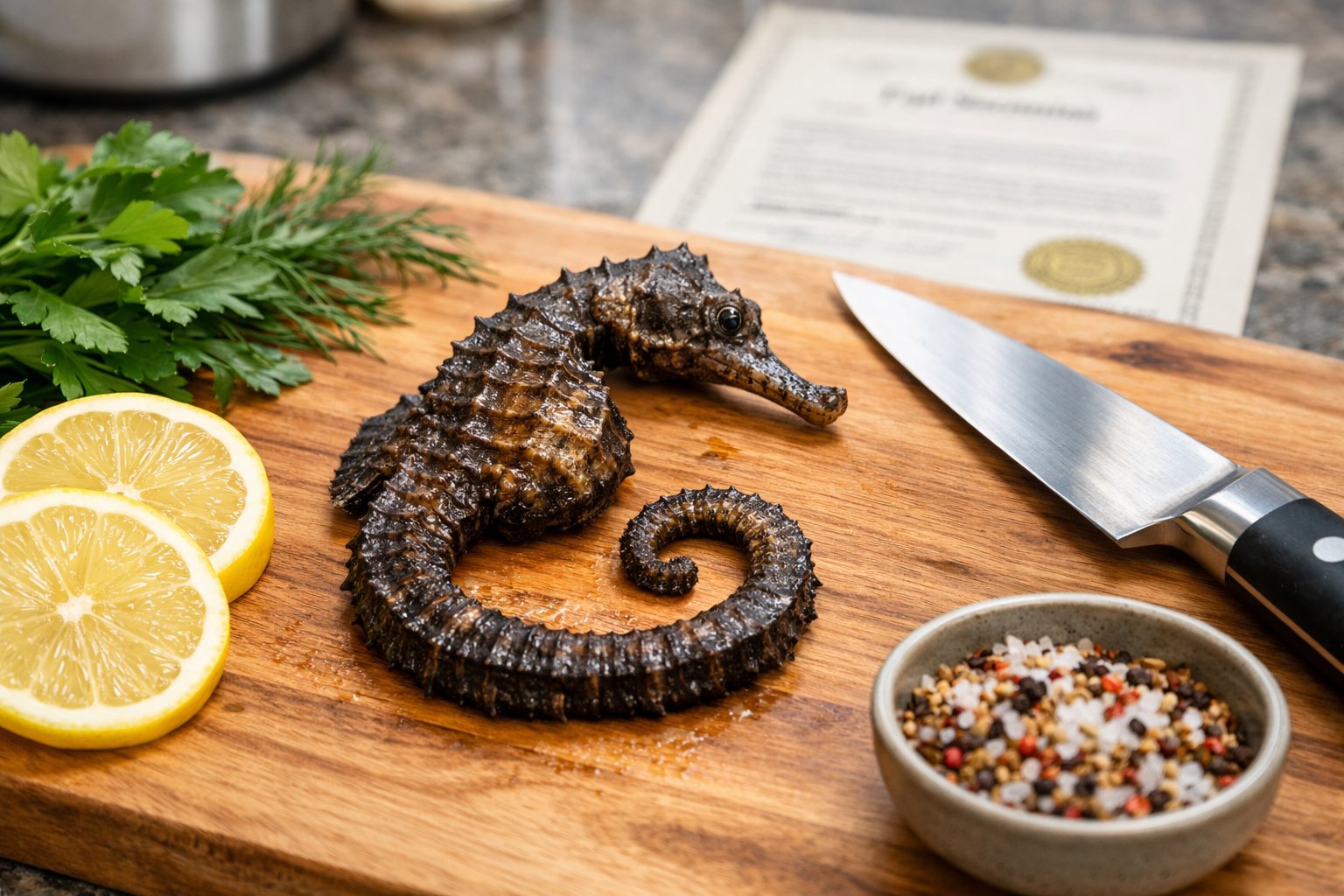 Close-up of a fresh seahorse on a cutting board with herbs, lemon slices, and cooking utensils in a kitchen, with a blurred legal document in the background.